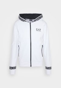 Felpa zip bianca con interno nero, con logo EA7 sul petto e dettagli neri sulla zip e sui polsini. Realizzata in tessuto morbido.