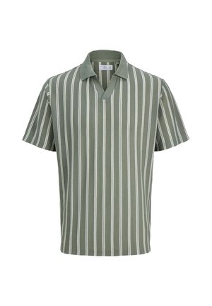 Green short-sleeve polo shirt with vertical white stripes, featuring a v-neck collar and textured fabric. Casual fit design.