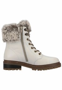 Bottes à chevilles en cuir blanc avec un revers en fausse fourrure, œillets en métal et lacets. Fermeture éclair sur le côté. Semelle en caoutchouc robuste avec un motif de traction.