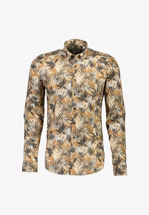 Męska koszula z długim rękawem w kolorze beżowym z czarno-kremowym wzorem liści palmowych, z kołnierzykiem typu button-down i zapięciem na guziki z przodu.