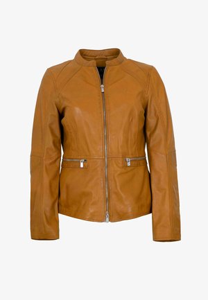 Hellbraune Lederjacke mit Frontreißverschluss und zwei Reißverschlusstaschen an der Taille, ausgestattet mit einem Stehkragen und langen Ärmeln.