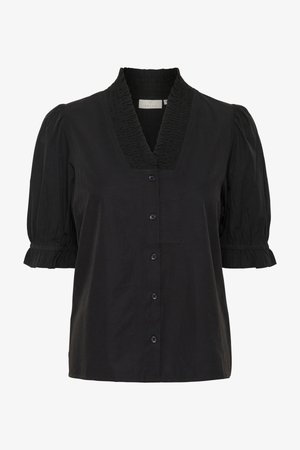 Zwarte blouse met een gerimpelde kraag, korte pofmouwen met rimpelige manchetten en een knopenlijst aan de voorkant. Gemaakt van katoen.