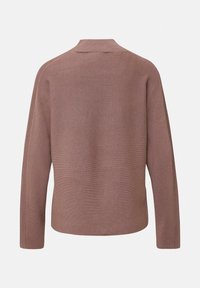 Brauner Strickpullover mit hohem Kragen, langen Ärmeln und subtiler Rippstruktur, mit passendem Rippdetails an den Seiten.