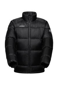 Veste d'hiver noire rembourrée avec fermeture éclair frontale, col montant, logo Mammut sur la poitrine et logo circulaire sur la manche gauche.