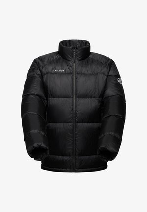 Zwarte gewatteerde winterjas met ritssluiting aan de voorkant, hoge kraag, Mammut-logo op de borst en rond logo op de linker mouw.