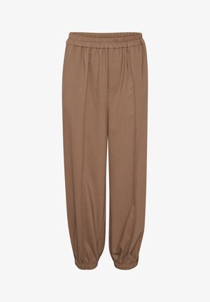 Pantalones marrones de corte relajado, hechos de una tela suave, con una cintura elástica, tobillos ajustados y sutiles pliegues frontales.