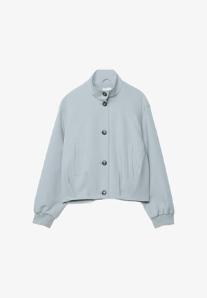 Light gray cropped jacket with high collar, five front buttons, two side pockets, and elastic cuffs on long sleeves.