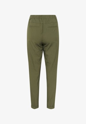 Olive green tapered trousers with an elastic waistband, featuring two back pockets and a smooth, textured fabric.