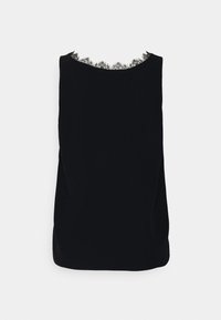 Top senza maniche nero con scollatura arrotondata, caratterizzato da intricati dettagli in pizzo nero lungo il bordo. Tessuto morbido con una vestibilità comoda.