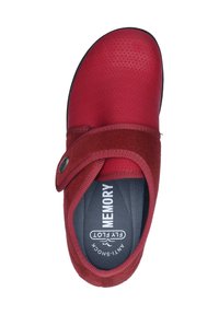 Red slipper with a breathable top featuring a honeycomb pattern, adjustable strap, and memory foam insole. Durable black sole.