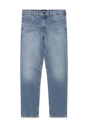 Jasnoniebieskie jeansy z denimu o zwężanych nogawkach, z przodem na guziki i zamek błyskawiczny oraz z pięciokieszeniowym wzorem i efektami przecierania.