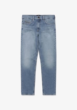 Világoskék farmernadrág keskenyedő szárakkal, elöl gombos és cipzáras záródással, valamint ötlábas kialakítással, halványított részletekkel.