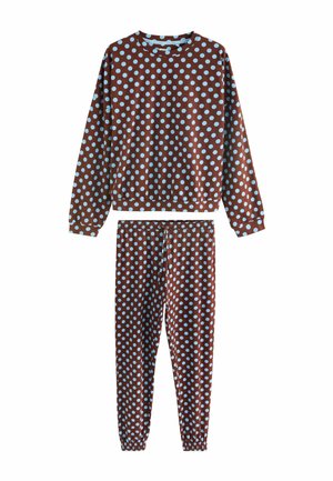 Rudas ilgomis rankovėmis džemperio ir kelnių komplektas su šviesiai mėlynomis taškelėmis, elastingais rankogaliais ir juosmeniu ant kelnių.