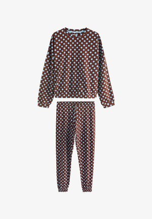 Set marrone composto da felpa a maniche lunghe e pantaloni con pois azzurri, polsini elasticizzati e vita elasticizzata sui pantaloni.