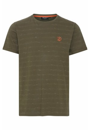 Olive green cotton t-shirt with short sleeves, featuring a subtle textured pattern and a small orange logo on the left chest.