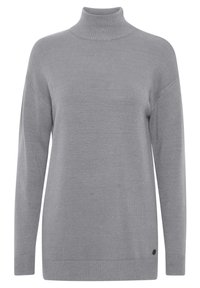 Maglione grigio a collo alto realizzato in tessuto a costine. Presenta maniche lunghe, vestibilità comoda e un piccolo logo vicino all'orlo.