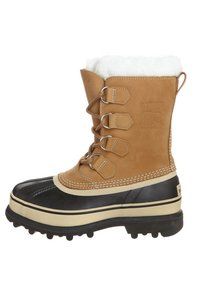 Botte d'hiver en cuir marron avec un col en fausse fourrure blanche, partie inférieure en caoutchouc noir, système de laçage et semelle à crampons texturée pour une bonne adhérence.