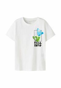 Camiseta blanca de algodón con personajes de dibujos animados en azul y verde y la inscripción "K.I.L.L. GUYS", con cuello redondo y mangas cortas.