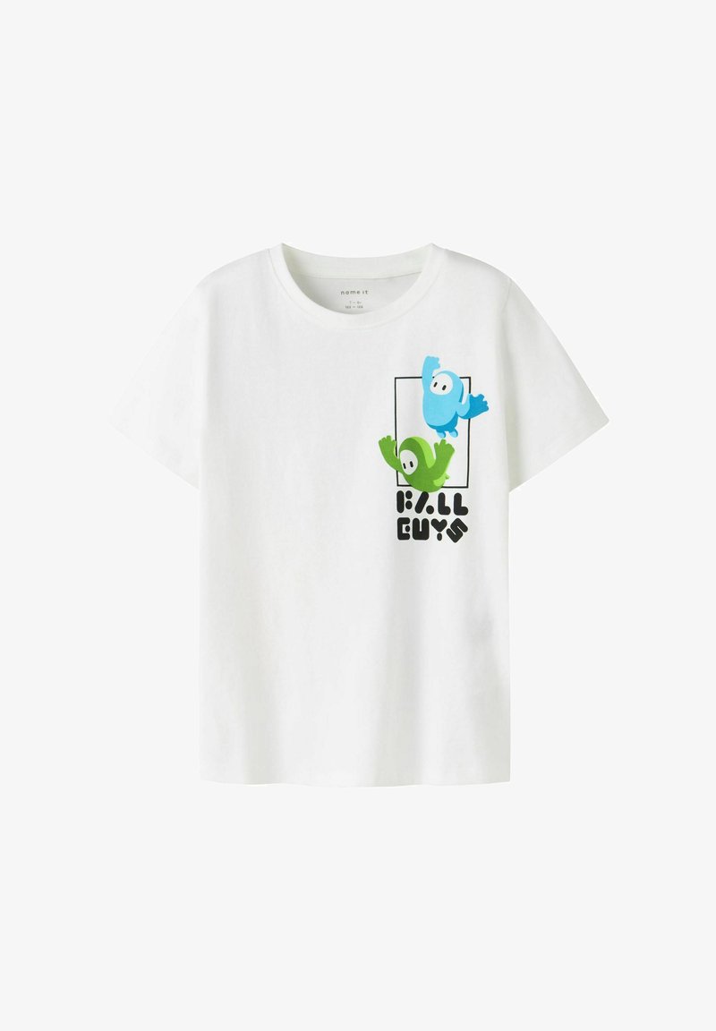 Camiseta blanca de algodón con personajes de dibujos animados en azul y verde y la inscripción "K.I.L.L. GUYS", con cuello redondo y mangas cortas.