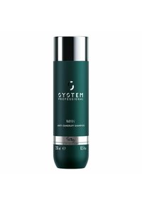 Grüne Flasche mit Anti-Schuppen-Shampoo von System Professional für M�änner, 250 ml. Verfügt über einen silbernen Deckel, eine glatte Textur und klare Etikettendetails.