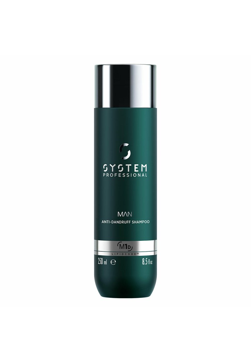 Grüne Flasche mit Anti-Schuppen-Shampoo von System Professional für Männer, 250 ml. Verfügt über einen silbernen Deckel, eine glatte Textur und klare Etikettendetails.