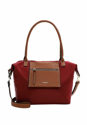 Red nylon tote bag with brown leather accents, a front zip pocket, and two handles. Includes an adjustable shoulder strap.