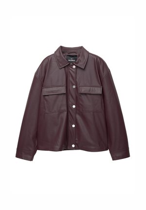 Burgundy faux leather jacket with a collared neckline, snap button closure, two chest pockets, and a relaxed fit with long sleeves.
