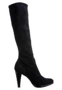 Botte noire en daim, haute jusqu'au genou, avec un design élégant, un bout pointu et un talon aiguille brillant. Texture lisse et détails minimaux.