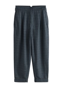 Mørke ternede bukser i en tekstureret vævet stof. Har elastisk talje, plisseringer og tilspidsede ankler. Farvemix af mørkegrå og blå.