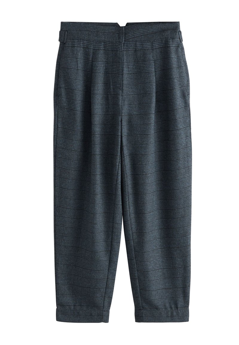 Mørke ternede bukser i en tekstureret vævet stof. Har elastisk talje, plisseringer og tilspidsede ankler. Farvemix af mørkegrå og blå.