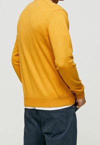 Herren gelber Strickpullover mit Rundhalsausschnitt, langen Ärmeln und geripptem Saum. Kombiniert mit dunkelgrauen Hosen, die über gestickte Taschendetails verfügen.