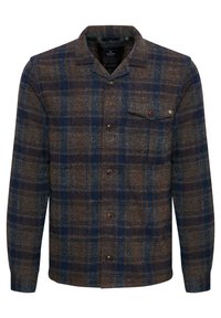 Brun och blå rutiga flanellskjorta med lång ärm, knäppning, en bröstficka och rundad krage. Texturerat ullmaterial.