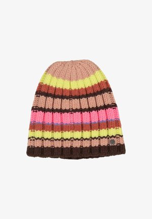 Kootud beanie, millel on erinevad triibud roosa, kollase, pruun ja beež värviga. Ribitekstuur ja väike logo silt allservas.