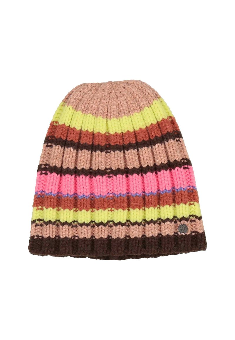 Kootud beanie, millel on erinevad triibud roosa, kollase, pruun ja beež värviga. Ribitekstuur ja väike logo silt allservas.