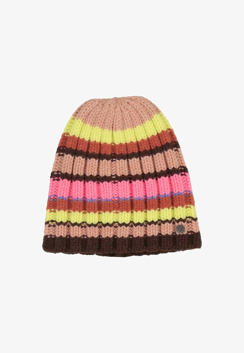 Berretto a maglia con strisce variabili in rosa, giallo, marrone e beige. Texture a coste con un piccolo logo applicato nella parte inferiore.