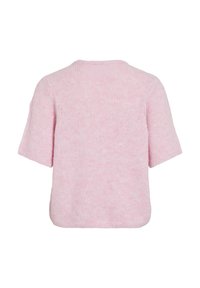 Gaiši rozā īsroku trikotāžas džemperis ar ribotu apaļu izgriezumu, mīkstu tekstūru un vaļēju piegriezumu. Nav redzamu rakstu vai akcentu.