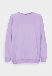 Fialová mikina s kulatým výstřihem, raglánovými rukávy a žebrovanými manžetami. Měkká struktura, volný střih a elastický lem.