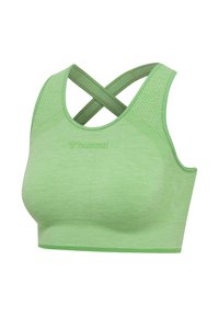 Hellgrüner Sport-BH mit überkreuzten Rückenträgern, nahtlosem Design und atmungsaktiven Mesh-Einsätzen an den Schultern.