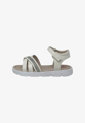 Sandalo bianco open-toe con cinturino alla caviglia regolabile, tre cinturini anteriori di cui uno con dettagli di perline argentate e suola spessa bianca.