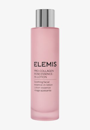 Botella cilíndrica rosa de Elemis Pro-Collagen Rose Essence-in-Lotion con tapa plateada y texto negro que la describe como esencia facial calmante.