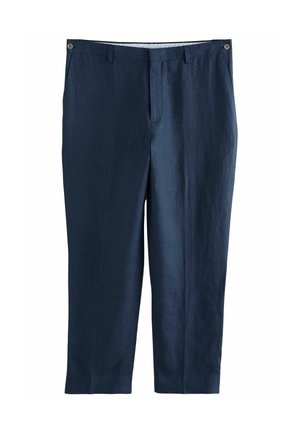 Marineblaue Leinenhosen mit glatter Textur, featuring einen Reißverschluss, zwei Fronttaschen und einem taillierten Schnitt mit geraden Beinen.