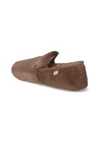 Brown faux fur slipper with a rounded silhouette, soft texture, open back, and small logo tag on the side.