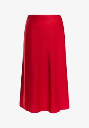 Red, knee-length skirt made of smooth fabric with a flared design, featuring a wide waistband and a flowing cut. No visible patterns or accents.