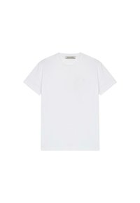 Camiseta de algodón blanca con cuello redondo y mangas cortas. Logotipo bordado en un sutil tono azul claro en el área del pecho izquierdo.