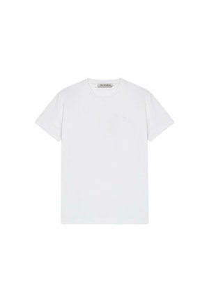 Witte katoenen t-shirt met een ronde halslijn en korte mouwen. Subtiele lichtblauwe geborduurde logo op de linkerborst.