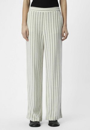 Pantalon à jambes larges en tissu léger à rayures verticales vertes et blanches ; dispose d'une ceinture plate et d'une silhouette décontractée.