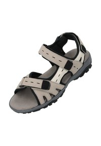 Lättvikts sandaler med grå och beige syntetisk ovandel, justerbara kardborreband och en texturerad svart gummisula för bra grepp.