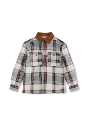 Chemise à manches longues à carreaux gris, blancs, rouges et noirs, col marron, boutonnage devant et deux poches poitrine boutonnées.