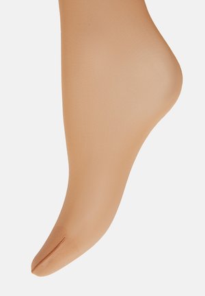 Durchsichtige hautfarbene Strumpfhosen mit leicht verstärktem Zehenbereich und glatter Textur, die ein natürliches Hautton-Aussehen bieten.