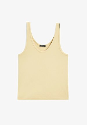 Light yellow ribbed tank top with a rounded neckline and wide shoulder straps. Flat hem at the bottom, minimalistic design.